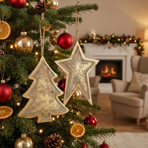 Suspensions en métal étoile et sapin dorées, décoration de Noël, 15,5/17cm, 4 pièces | Floristik24.be