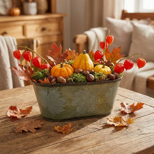 Jardinière pour l'automne, décoration métal avec décoration feuille verte L38cm H15cm | Floristik24.be