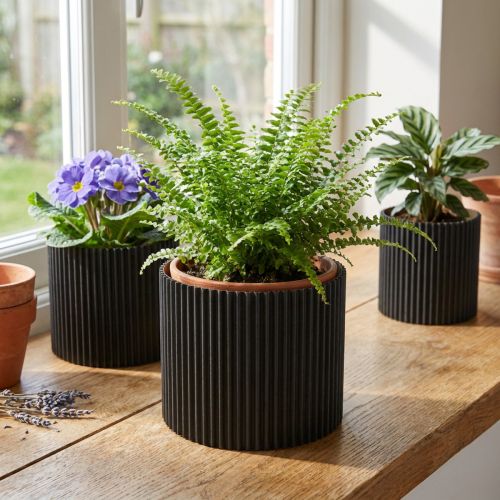 Cache-pot à rainures Papier Noir Ø19cm H14cm 3 pcs | Floristik24.be