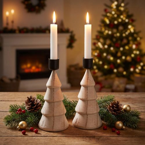 Bougeoir bâton en bois décoration sapin de Noël naturel H16cm 2 pcs | Floristik24.be