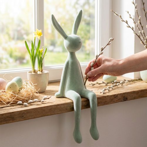 Lapin de Pâques à poser sur une étagère, lapin assis, floqué, gris-vert, 56 cm | Floristik24.be