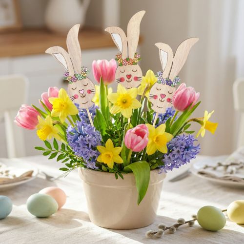 Piquets à fleurs Tête de lapin en bois Déco sur bâton 11cm 12pcs | Floristik24.be