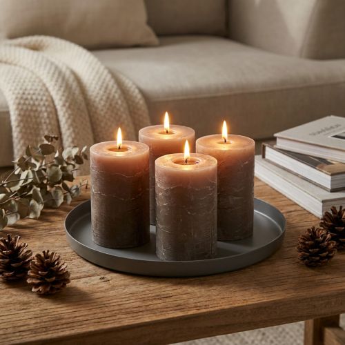 Bougies piliers marron, couleur unie, 70 x 100 mm, lot de 4, décoration rustique | Floristik24.be