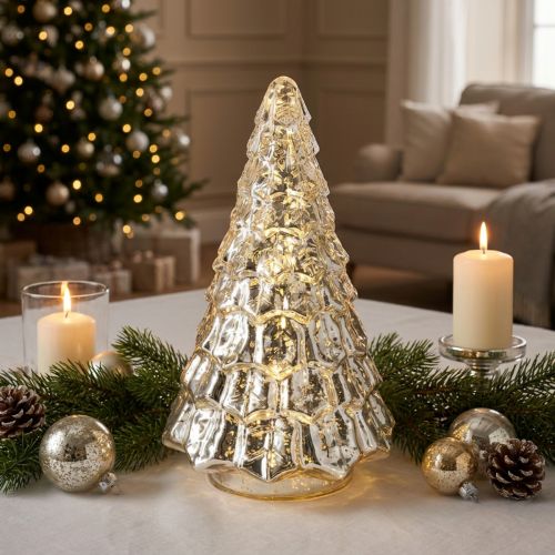 Mini sapin de Noël avec lumières LED, argent et or, 28 cm | Floristik24.be