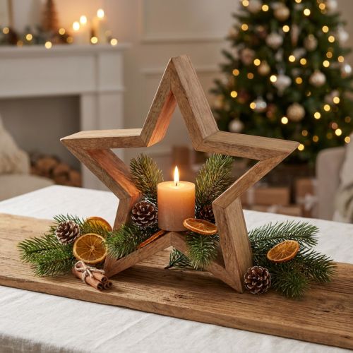 Etoile décorative de table en bois de manguier à poser naturel Ø24cm | Floristik24.be