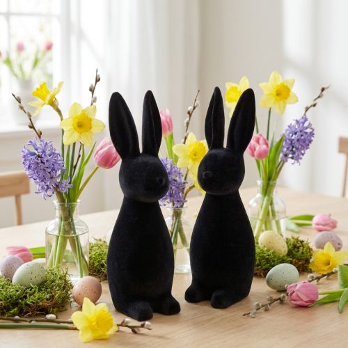 Lapin de Pâques noir décoratif, floqué, 29,5 cm de haut, lot de 2 | Floristik24.be