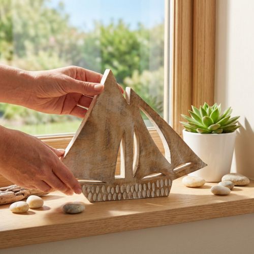 Voilier en bois, décoration maritime, bateau en bois coloris naturel, blanc H23cm | Floristik24.be