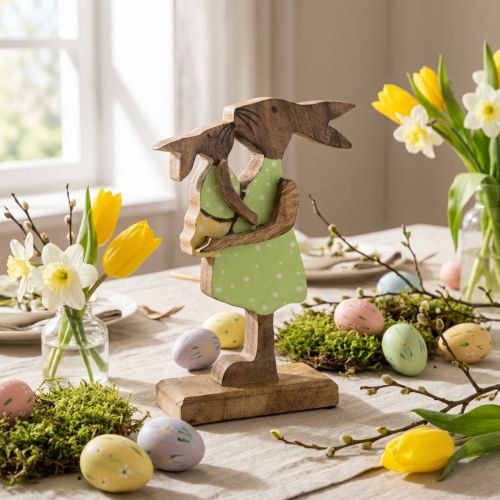 Lapin maman avec enfant, décoration de Pâques, printemps, lapin de Pâques en bois, naturel, vert, jaune H22cm | Floristik24.be
