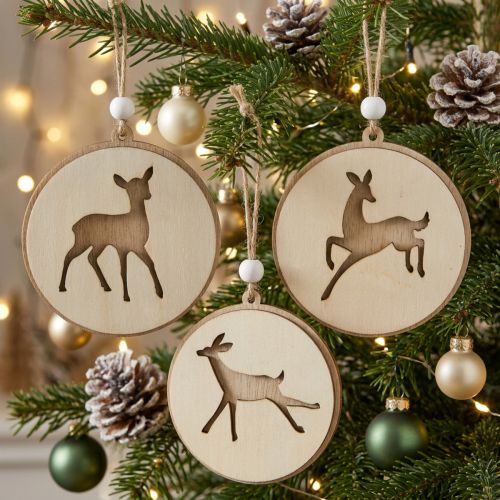 Lot de 6 médaillons en bois avec motifs de cerfs, 9,5 cm, déco de Noël | Floristik24.be