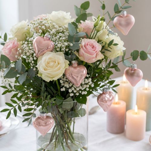 Cœurs miniatures en verre rose 4 cm - Lot de 12 | Floristik24.be