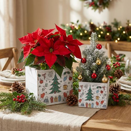 Jardinière en bois Décoration de Noël blanche, colorée 20 × 20/15 × 15cm, lot de 2 | Floristik24.be