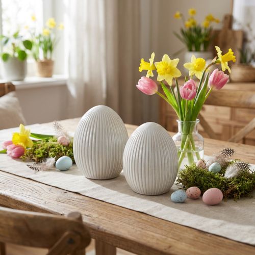 Oeufs de Pâques Oeuf décoratif en céramique avec rainures Blanc Gris 10×12,5cm 2 pièces | Floristik24.be