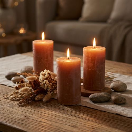Bougies piliers caramel uni 70×120 mm, lot de 4, bougies décoratives, longue durée de combustion, décoration intérieure, décoration de table | Floristik24.be