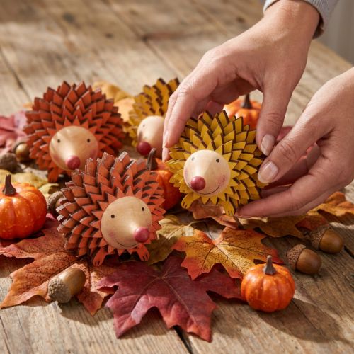 Hérisson décoratif en bois, figurine automne orange jaune 8×7×6cm, 4 pièces | Floristik24.be