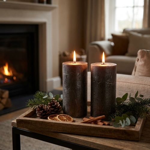 Bougies piliers métalliques cuivrées, 85×150 mm, lot de 2, colorées dans la masse, pour une décoration élégante et une ambiance festive | Floristik24.be