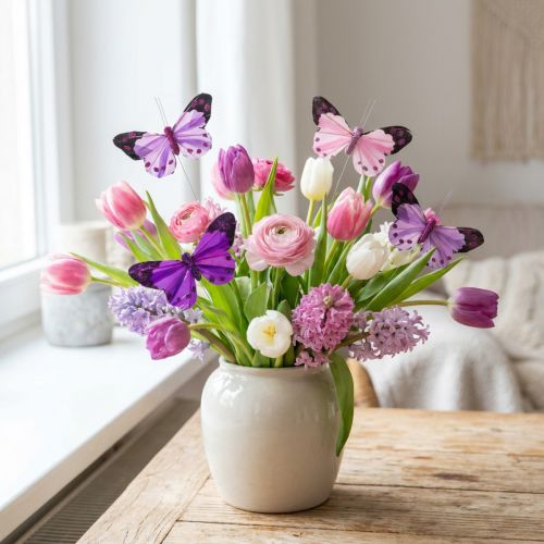 Papillon déco sur fil de plume papillons violet/rose 9.5cm 12pcs | Floristik24.be