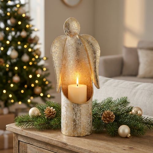 Article Bougeoir figurine d'ange doré décoration festive 27 cm