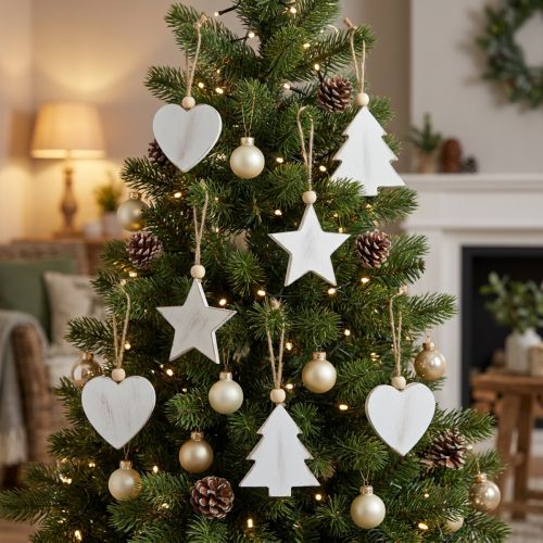Ornements en bois blancs avec ficelle naturelle 5-6 cm - Lot de 6 | Floristik24.be
