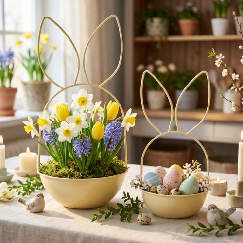 Article Panier de Pâques avec oreilles de lapin, décoration de table pour Pâques et le réveillon du printemps, 34 cm, 1 pièce