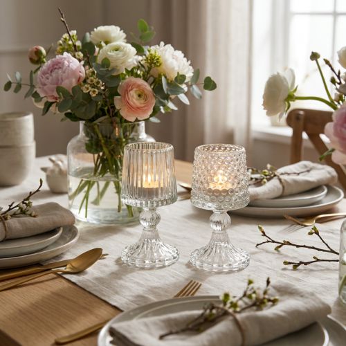Article Porte-bougie chauffe-plat en verre avec base à picots et rainures, hauteur 15 cm, lot de 2