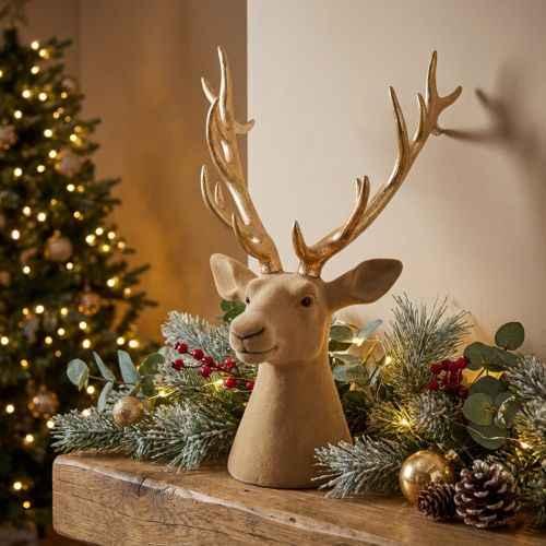 Tête de cerf décorative sculptée avec de grands bois, 52 cm | Floristik24.be