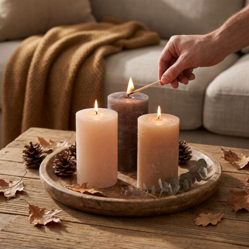 Bougies piliers décoratives, mélange de 3 tons bruns, couleur unie, 70 x 120 mm, lot de 12 pour une ambiance chaleureuse et un intérieur élégant. | Floristik24.be