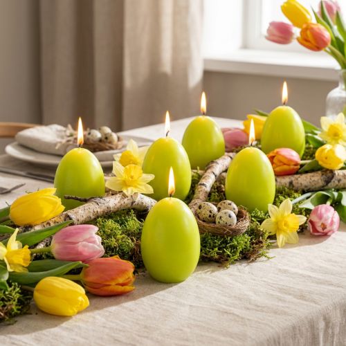 Bougies de Pâques en forme d'œuf, vert citron, 9 cm, 20 cm de hauteur, lot de 6 | Floristik24.be