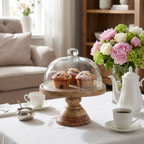 Assiette en bois avec cloche en verre, cloche décorative en verre, Ø 27 cm H 31 cm | Floristik24.be