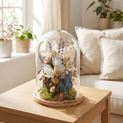Cloche en verre sur plateau en bois, pot en verre, transparent, naturel, Ø17cm, H24cm | Floristik24.be