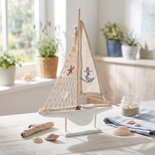Article Décoration voilier bois pin sur socle blanc naturel H39cm