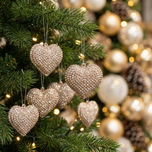 Lot de 12 cœurs à suspendre en plastique glitter champagne 6 x 6,5 cm | Floristik24.be