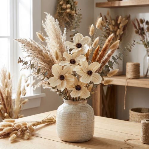 Article Fleur en bois sous forme de bouchon, blanchie Ø9-12cm L45cm 15 pièces