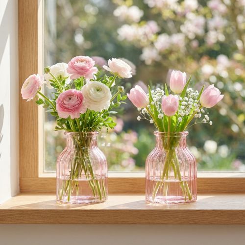 Vase à fleurs rétro en verre teinté rose, Ø 11 cm H 14,5 cm, lot de 2 | Floristik24.be