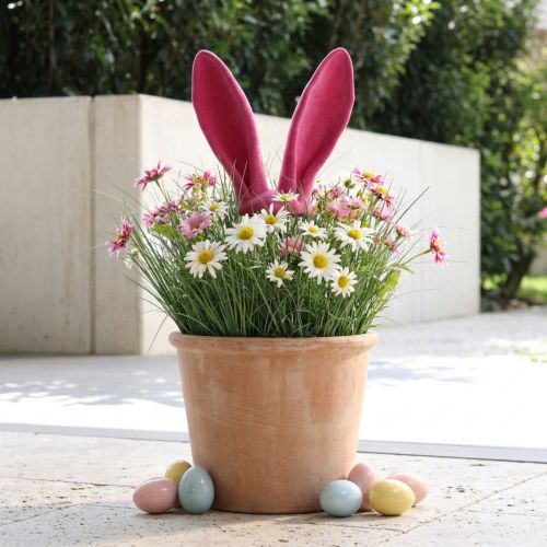 Oreilles décoratives de lapin roses pour Pâques en bâtonnet floqué H56cm | Floristik24.be