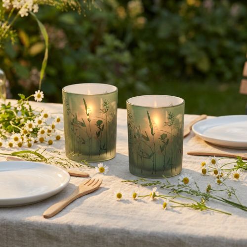Lanterne décorative en verre vert blanc motif prairie H12,5cm 2 pièces | Floristik24.be