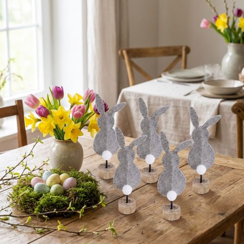 Décoration de table sur pied décoration lapin de Pâques feutre gris 19cm 12 pcs | Floristik24.be