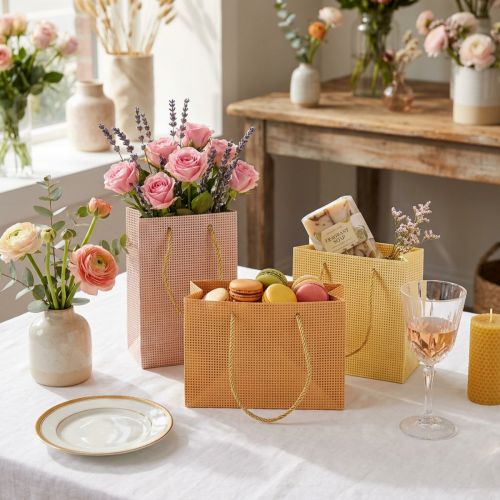 Article Sacs cadeaux papier tissé vanille orange rose 20×10×10cm 6pcs