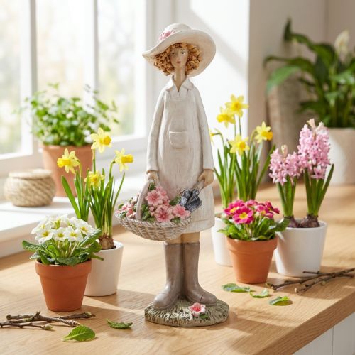 Figurines décoratives jardinière, femme décorative avec des fleurs, blanc et rose, H21cm | Floristik24.be