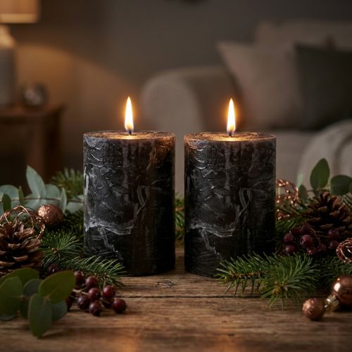 Bougies piliers noires teintées dans la masse, 85 x 120 mm, lot de 2, décoration de table rustique | Floristik24.be