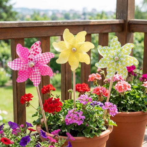 Article Moulin à Vent Rose Jaune Vert Décoration de Balcon Ø15cm 3pcs