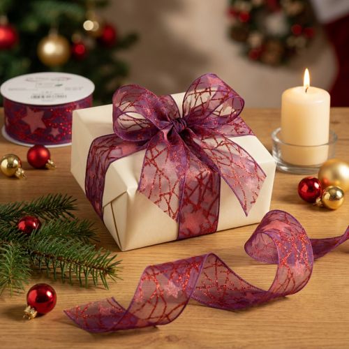 Article Ruban décoratif scintillant à motif d'étoiles pour décorations de Noël, 40 mm x 15 m