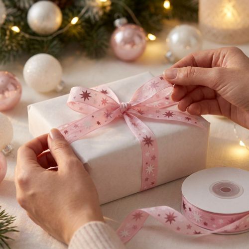 Ruban ruban cadeau de Noël motif étoile rose 15mm 20m | Floristik24.be