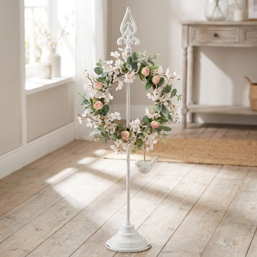 Porte-couronne Shabby Chic Blanc Support de couronne Métal 4 crochets H76cm | Floristik24.be