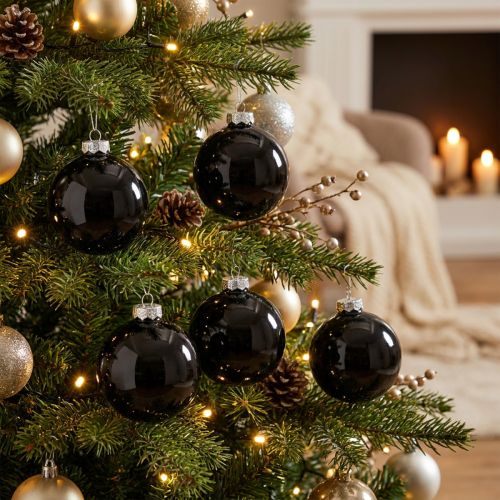 Boules de Noël boules de sapin en verre noir brillant Ø7,5cm 12 pièces | Floristik24.be