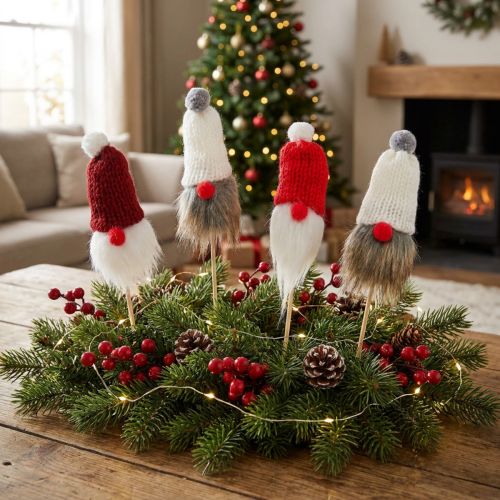 Nain à coller avec bonnet tricoté rouge, blanc, gris 11–13 cm L34–35,5 cm 12 pcs | Floristik24.be