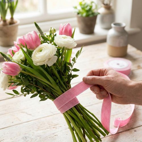 Article Ruban cadeau ruban motif chevrons blanc rose 25mm 15m