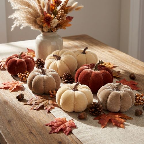 Décorations citrouille, citrouilles en tissu, jaune, beige, brun rougeâtre, Ø7 cm, lot de 9 | Floristik24.be