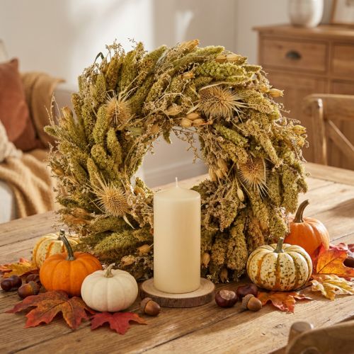 Couronne décorative séchée de chardons et de millet dans les tons jaune-vert olive, style champêtre naturel, Ø 28 cm, décoration murale et de table polyvalente | Floristik24.be