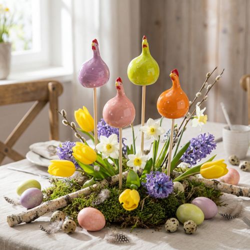 Piquets décoratifs en forme de poulet pour compositions florales printanières et décorations de table, 7,5 cm, lot de 4 | Floristik24.be