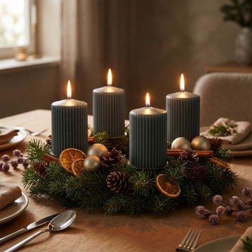 Bougies piliers anthracite, bougies rainurées, 70/90 mm, lot de 4, décorations de l'Avent | Floristik24.be